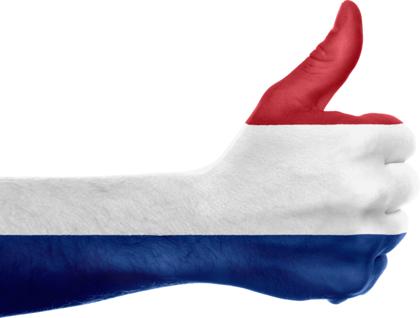 Eine Hand, die einen Daumen nach oben zeigt. Die Hand ist in den Flaggenfarben der Niederlande